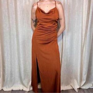 Jason Wu Sleek Copper cowl neck side slit body con maxi dress XS